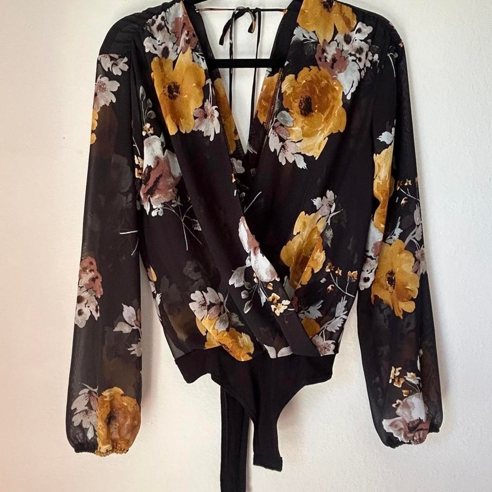 Dark Romance Floral Wrap Bodysuit Long Sleeve Whimsigoth Boho Top Windsor size s